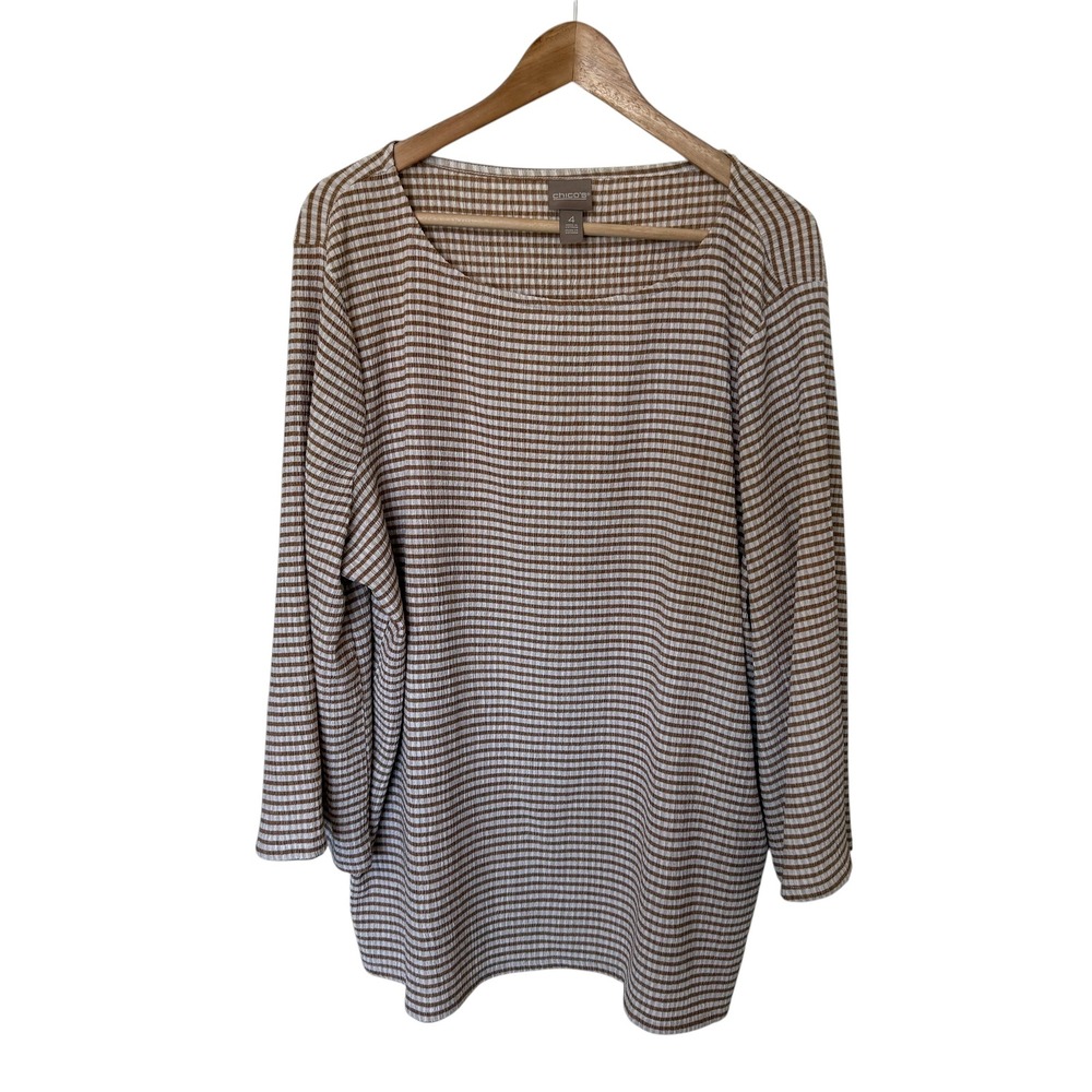 Chico's Tunic Top Womens 4 XXL Brown White Gingham Textured 3/4 Sleeve Excellent